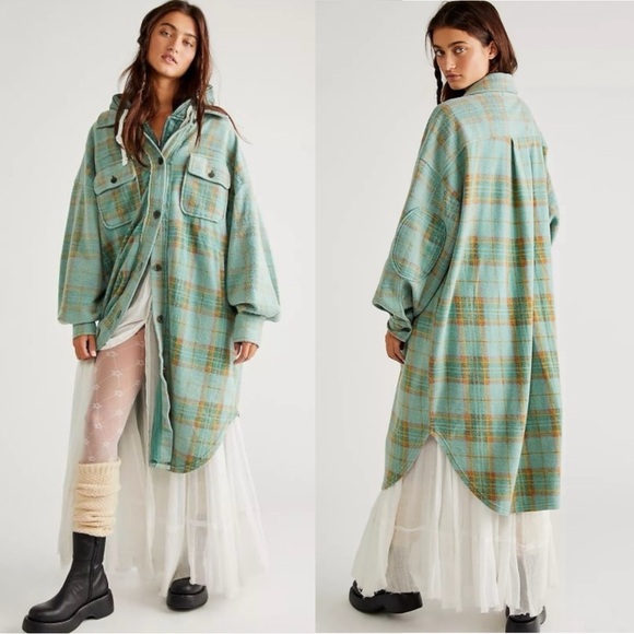 Free People Plaid Long Ruby Jacket Shacked Coat Sage Medium Grunge Distressed - Picture 1 of 12